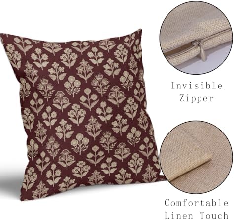 Burgundy Red Floral Block Print Pillow Covers 18x18 Inch Set of 2