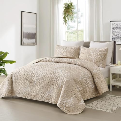 DJY Beige Quilt Set Queen Size - Branch Botanical Bedspread Coverlet