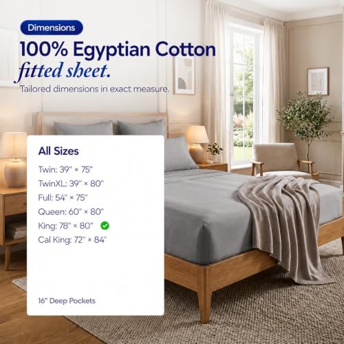 Egyptian Cotton King Fitted Sheet, Fits Upto 16" deep Pocket - Light