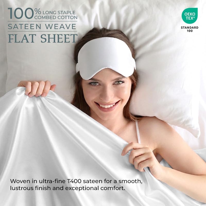 Royale Linens Queen Flat Sheet Only, Luxury Breathable Sateen Weave