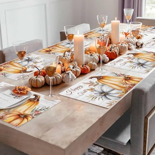 Placemats Set of 8, Fall Thanksgiving Harvest Pumpkins Washable Table