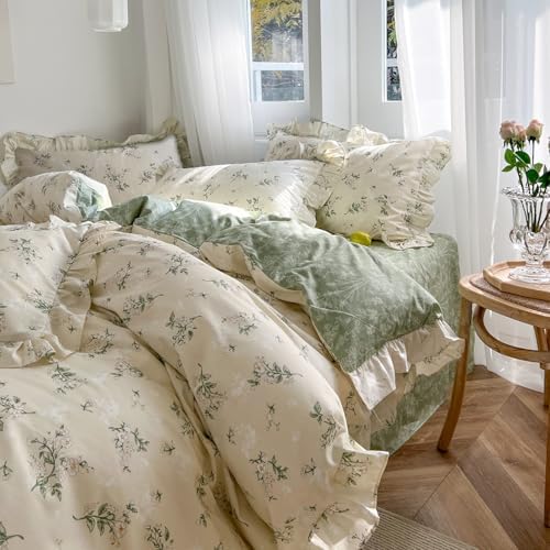mixinni Reversible Green Floral Duvet Cover Set Twin XL Size - 100%
