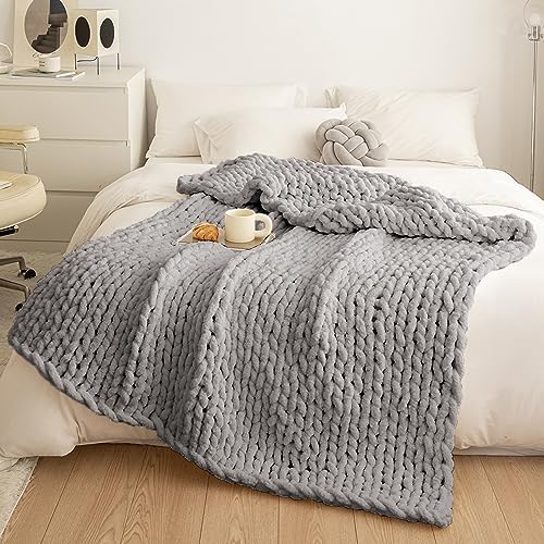 Gray Chunky Chenille Knit Throw Blanket 50x60 Inch Sofa Bed Couch