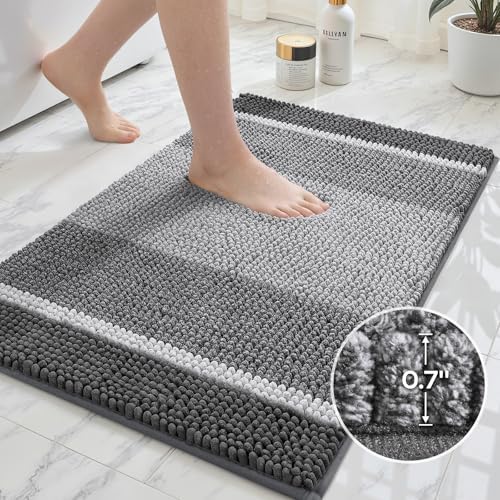 HOMEIDEAS Grey Bathroom Rugs Sets 2 Piece Chenille, 20"x32"+17"x24"