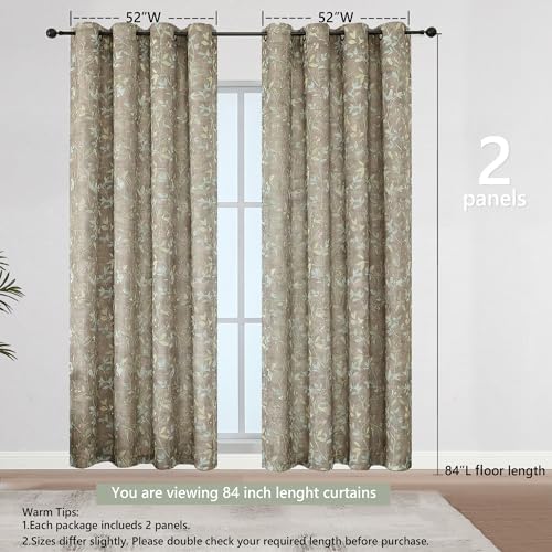 OWENIE Taupe Light Filtering Floral Curtains 84 Inches Long 2 Panels