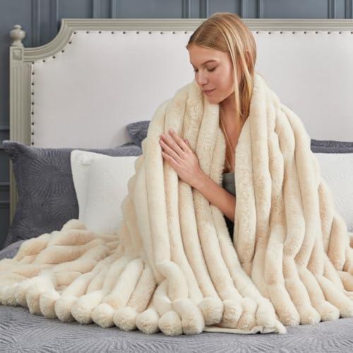 Cozy Bliss Faux Fur Throw Blanket for Couch, Cozy Warm Plush Striped