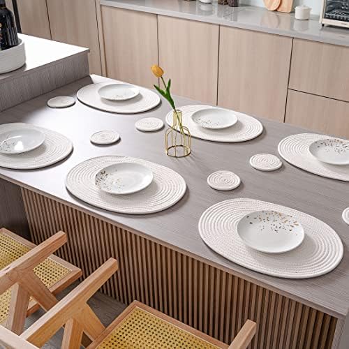 Oval Cotton Placemats Set of 6 -Coasters & Holder, Off White