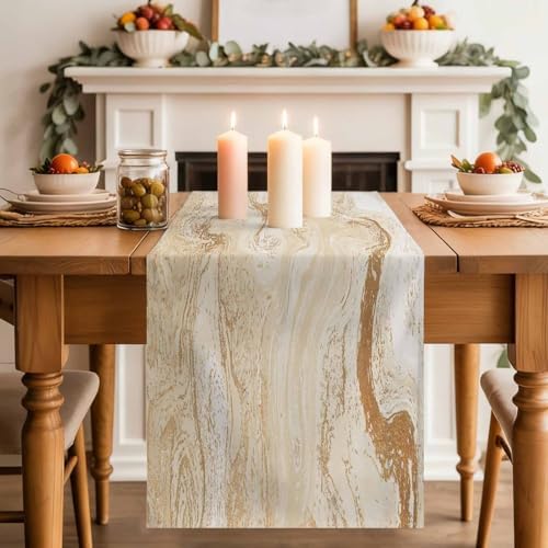 Beige Marble Burlap Cotton Table Runner 72 Inches Long, Chic Neutral