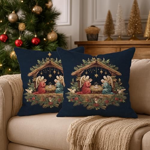Angels Throw Pillow Covers Set of 2, Christmas Rustic Stable Stars