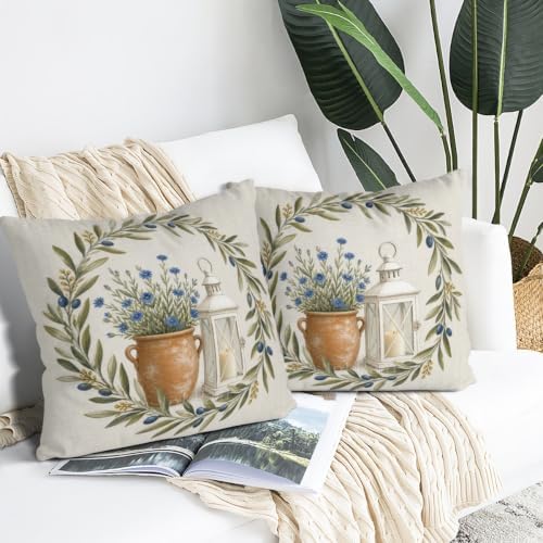 InkRain Farmhouse Harvest Pillow Cover Airy Olive Lantern Wreath Scene