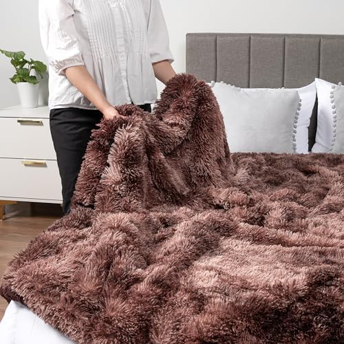 PAVILIA Tie Dye Brown Fluffy Fuzzy Faux Fur Twin Blanket Couch Bed