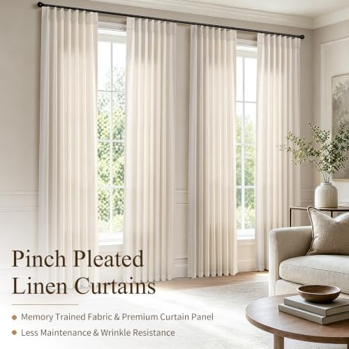 Hokibero Cream Pinch Pleated Linen Curtains 63 Inch Long for Living