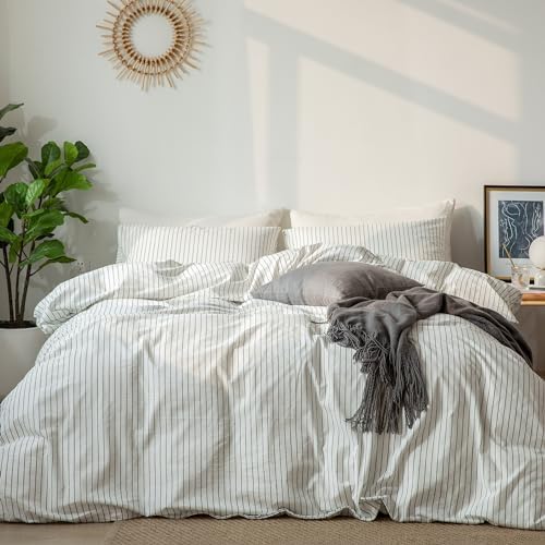 MooMee Striped Duvet Cover Set 100% Washed Cotton Linen Like Twin