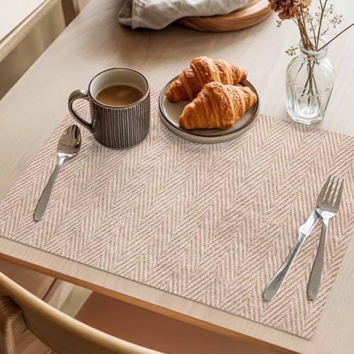 Beige Herringbone Placemats Set of 8 Modern Minimalist Woven Textured