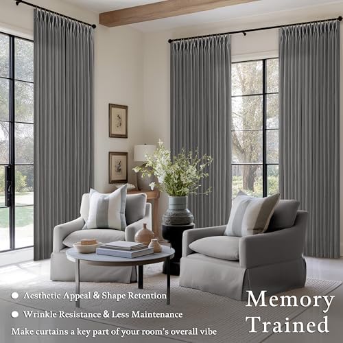Dark Grey Pinch Pleat Linen Light Filtering Privacy Curtains 108 Inch