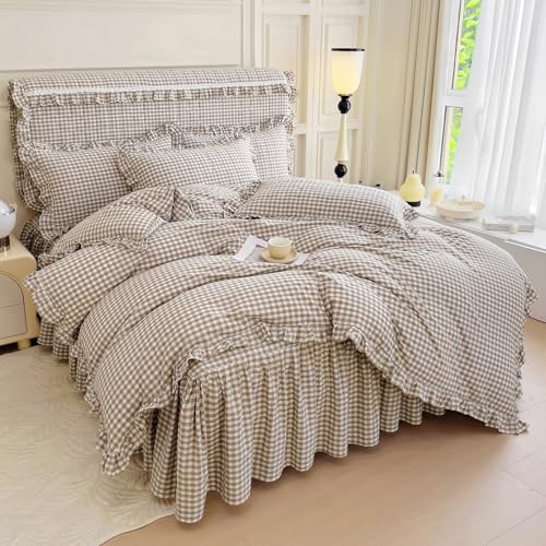 mixinni Tan Gingham Ruffle Duvet Cover Twin Size 3 Pieces – 100%