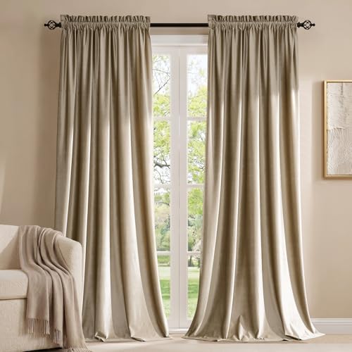 PRIMROSE Taupe Velvet Blackout Curtains 90 Inches Long,Luxury Living