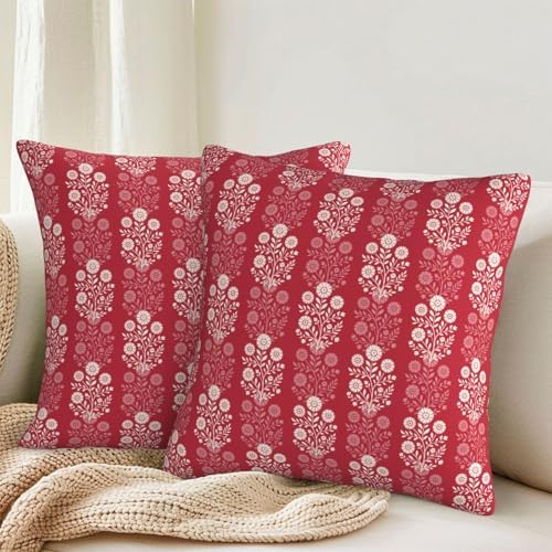 KiuLoam Vintage Red Cream Floral Block Print Decorative Pillow Covers