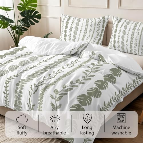 3 Pieces Bedding Set Queen Size, Sage Green Botanical Soft Duvet
