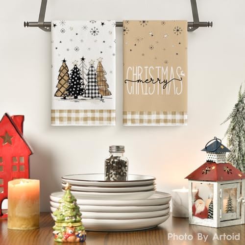 Artoid Mode Brown Plaid Christmas Kitchen Towels Set of 2 18x26 Inch