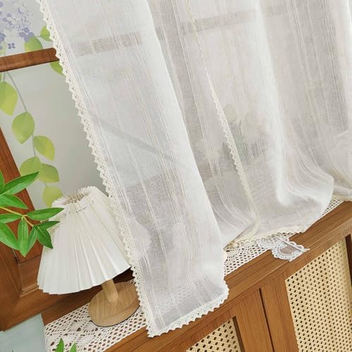 1 Panel Beige Striped Tie-up Linen Curtain with Crocheted Lace Trim