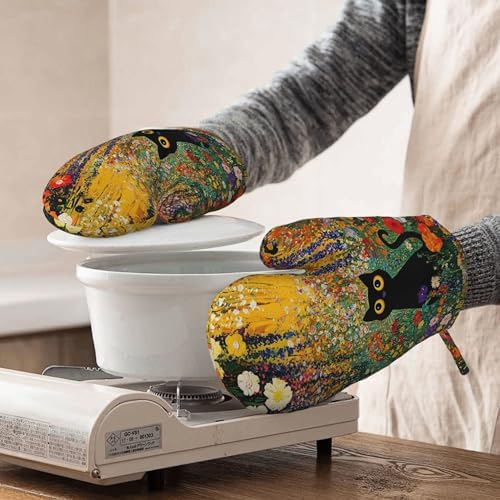 Cat Silicone Oven Mitts and Pot Holders Set Kitchen Gloves Potholders
