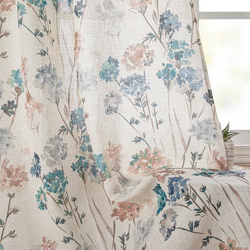 MYSKY HOME Floor to Ceiling Linen Floral Curtains 95 Inch Length 2