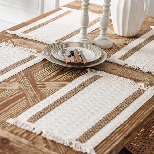 Niviy Boho Placemats Set of 4, 12x18 Inch Natural Cotton Burlap and