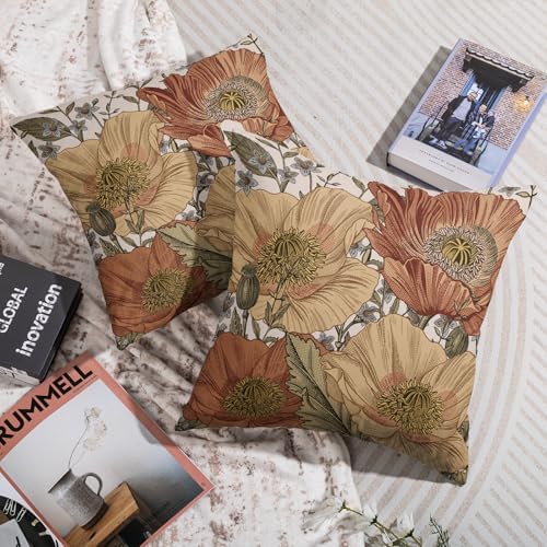 Vintage Floral Pillow Covers 18x18 Inch Set of 2, Brown Rust Red