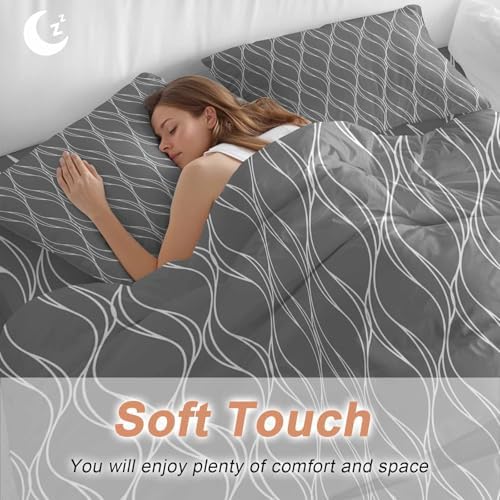 Wavy Lines Duvet Cover Set, Abstract Minimalist Pattern Gray Soft