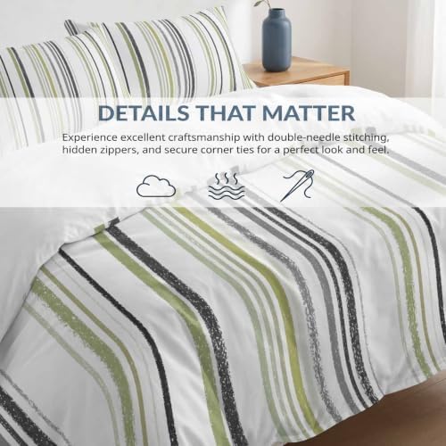Black Green Stripes California King Duvet Cover Set, Country Vintage