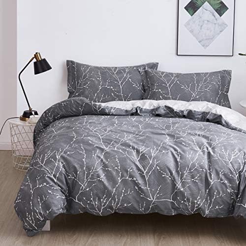 OAITE Queen Duvet Cover Set 3pcs 100% Cotton Grey Branch