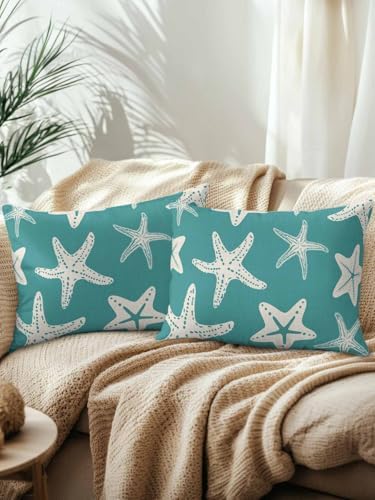 Throw Pillows 12x20 Set of 2, Turquoise Starfish Coastal Waterproof