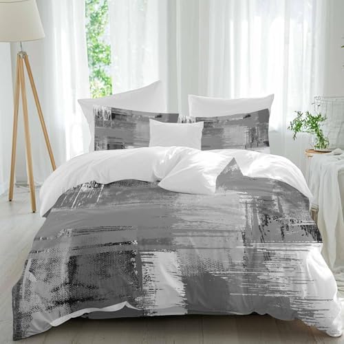 Grey Abstract Duvet Cover Set Queen Size, Modern Mottled Art Oil