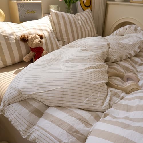VM VOUGEMARKET Khaki Striped Duvet Cover Set,Queen(90"x90"),Khaki