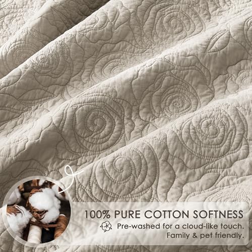 WDCOZY Beige 100% Cotton Quilt Queen Size Bedding Sets with 2 Pillow