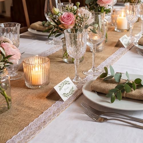 Tatuo 6 Pcs Burlap Table Runners with Lace 12 x 72 Rustic Jute, Cute