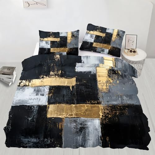 Graffiti Duvet Cover Set Black Gray and Gold Bedding Set 3 Piece for