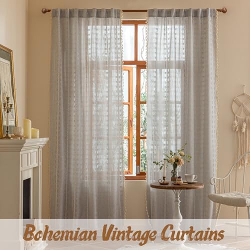 Light Gray Boho Semi Sheer Curtains 63 inch Length 2 Panel Set for