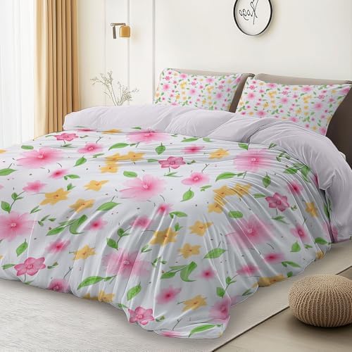 Duvet Cover King, Minimalist Cute Flowers Plants Leaves Bedding Set