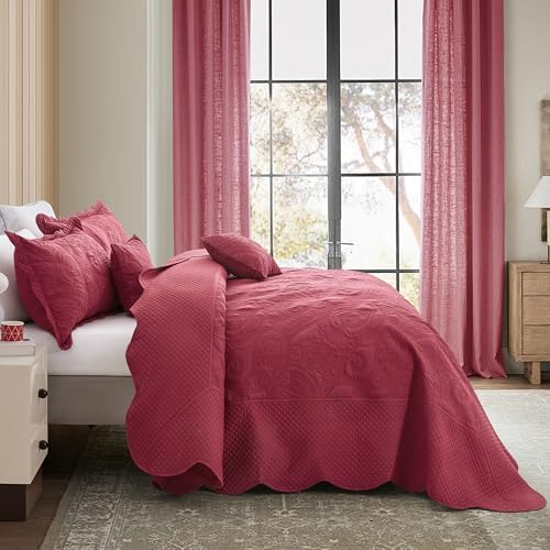 Oversized King Bedspreads 128x120, Stitched Paisley, Wine Red