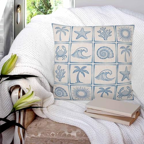 16x16 Pillow Covers Set of 2, Vintage Blue Coastal Throw Pillow Covers