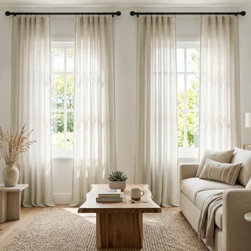 Mrs.Naturall 120 Inch Extra Long Beige Linen Sheer Curtains for Living