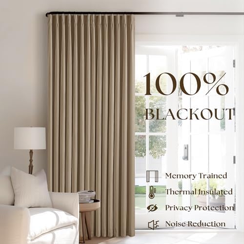 Light Brown Pinch Pleated 100% Blackout Linen Bedroom 96 Inch Curtains