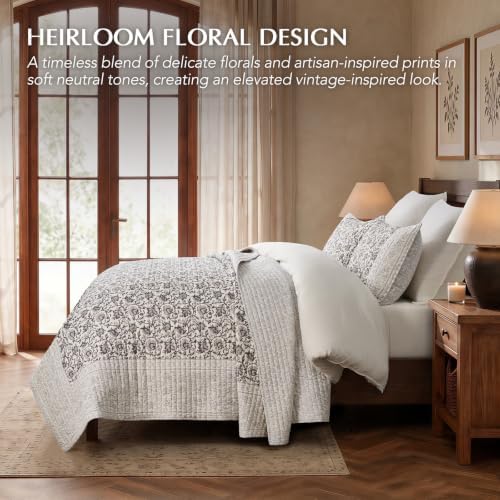 EverGrace 100% Cotton Floral Quilt Set, King Size, Taupe Warm Gray