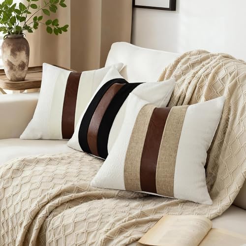 Boucle Patchwork Black Linen Throw Pillow Covers 18x18 Inch