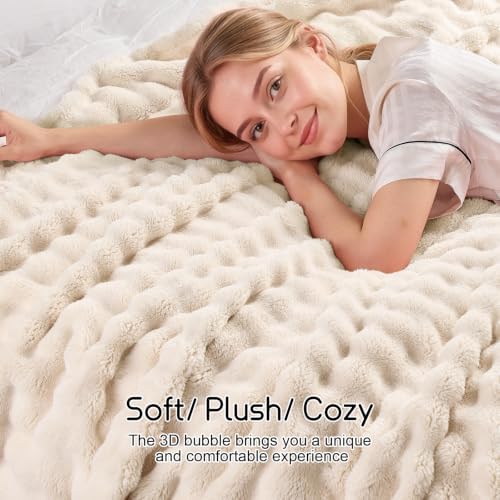 Lotus Karen 3D Bubble Fleece Blanket - Ultra Soft Fluffy Beige Throw