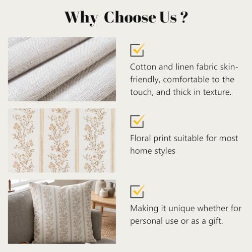 Botanical Floral Throw Pillow Covers 20x20in Set of 2, Light Khaki