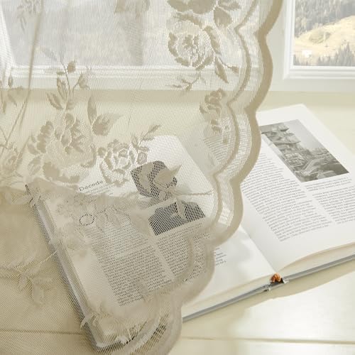 Khaki Lace Curtains 84 Inches Long 2 Panels Vintage Floral Sheer