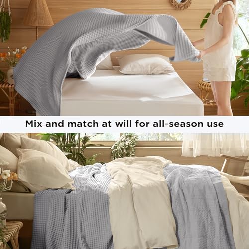 Bedsure Lightweight 100% Cotton Waffle Blanket, Queen, Grey
